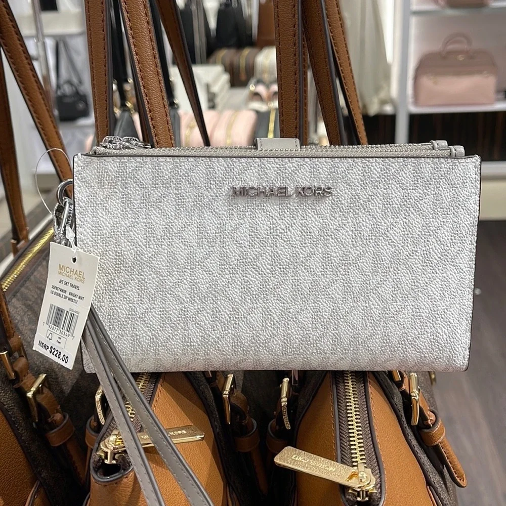 MICHAEL KORS LARGE DOUBLE ZIP WRISTLET PHONEHOLDER WALLET CLUTCH BRIGHT WHITE